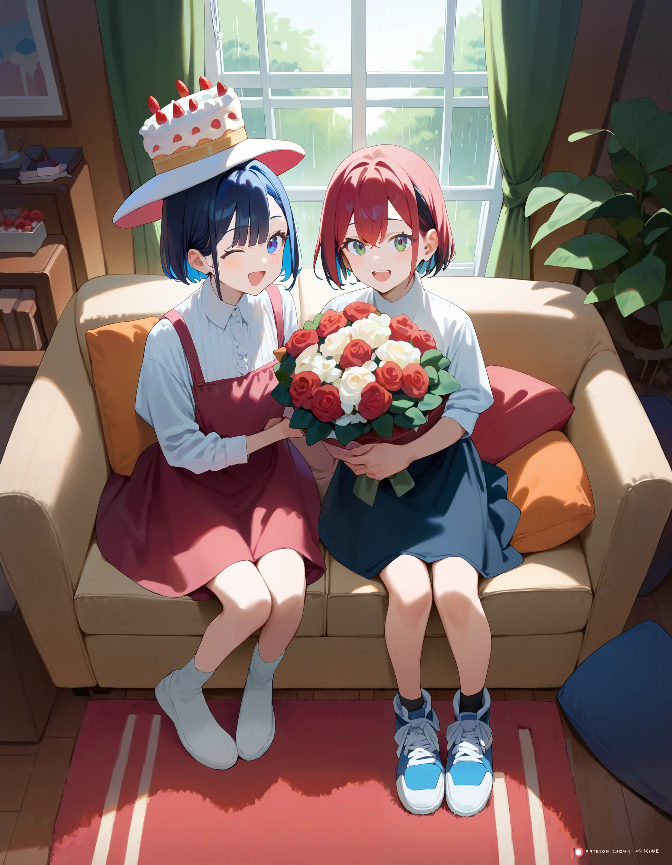 score_9, score_8_up, score_7_up,
2girls, cake hat,
full body, happy, red hair, blue hair, multicolored hair,
 bob cut, cute, holding bouquet, chocolate, (living room, furniture, sofa, window, carpet:1.0), rain
<lora:concept_cakehat-pony:1>