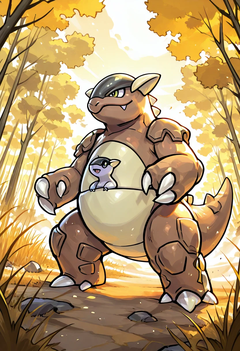masterpiece, best quality, no humans, zzKhan, kangaskhan, 1pokemon, pouch, green eyes, reptilian features, thick tail, standing, forest clearing, sunbeams, dust motes, tall grass, protective pose â zzKhan stands tall in a quiet forest glade, bathed in golden sunbeams slicing through the canopy. Motes of dust dance in the air as the massive Pokémon surveys the clearing with a watchful, protective gaze. Tall grass brushes against her legs while her claws curl slightly in readiness, radiating silent strength beneath the leaves. ,<lora:KangaskhanPokemon_IXL_v2:1.0>,