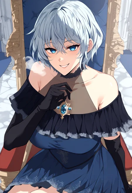 score_9, score_8_up, score_7_up, score_6_up, source_anime, rating_explicit, 1girl, solo, huge breasts, <lora:Levina Belfir Palos prefectPonyxl:1> hair between eyes, blue eyes, short hair, white hair, blue hair, grey hair, covered collarbone, blue gemstone, brooch, off-shoulder dress, long dress, black dress, blue dress, frills dress, lace-trimmed dress, halterneck, black gloves, elbow gloves, smile, grin, Narrow shoulders, heavy breathing, steaming body, castle, indoors, looking at viewer, sitting, on throne, crossed legs