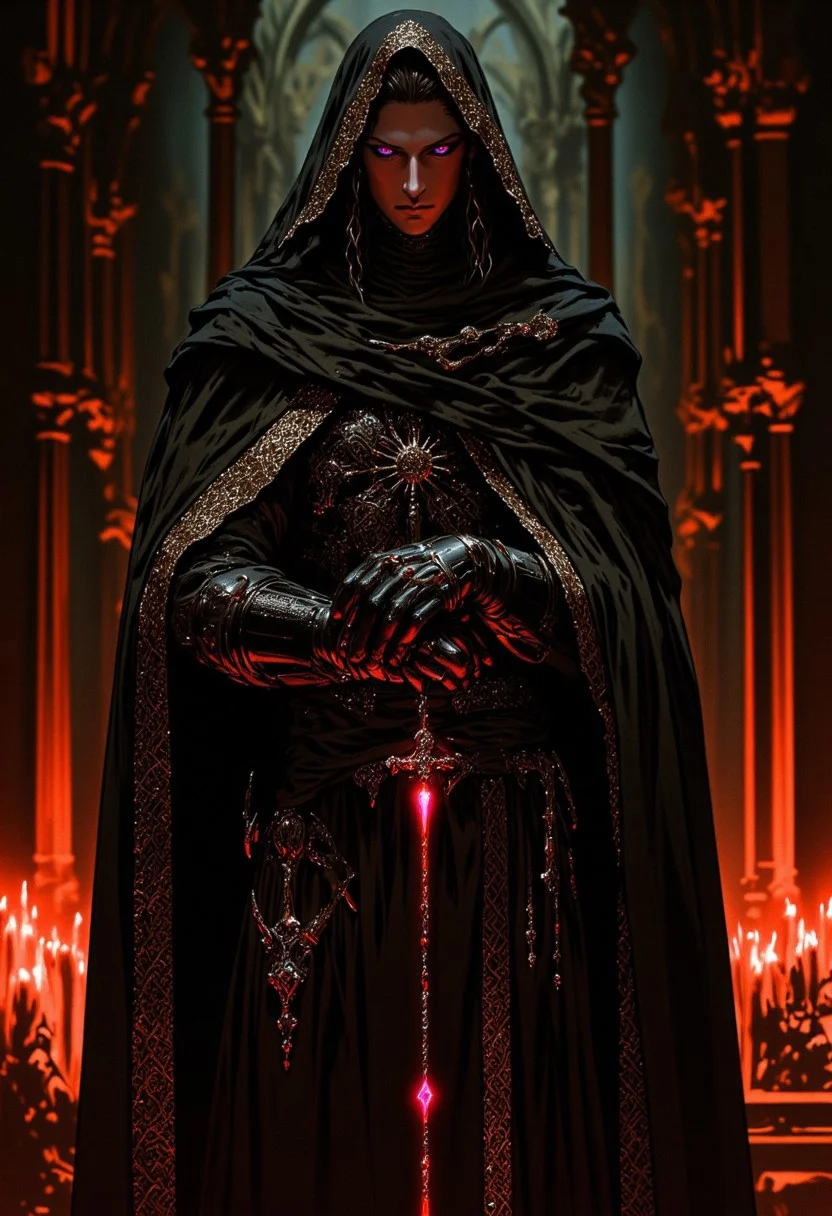 Medium-shot of a handsome young man with braided black hair stands in a candlelit stone cathedral. His has brown-crimson eyes, slightly eye_makeup, glowing faintly in muted neon purples and deep crimson hues. Dressed in a long black coat adorned with swirling Aztec sun motifs and silver embroidery, he exudes an air of dark royalty. A feathered headdress draped in shadow frames his head, while gloved hands grip a rosary made of glowing skull beads. The flickering candlelight and dense shadows create a gothic, otherworldly ambiance.g0th1cpnk, mythp0rt,aman0ayam1
<lora:sdxl_lightning_8step_lora:1>  <lora:masky-000009:0.3><lora:glowneon_xl_v1:0.6><lora:CulturePunkAI_1:0.5><lora:Dark_Anime:0.2><lora:CINE:0.3><lora:FluxMythP0rtr4itStyle:0.6> <lora:flux.1_lora_flyway_Epic-Characters_v1:0.6> <lora:Elden_Ring_-_Yoshitaka_Amano:0.33>