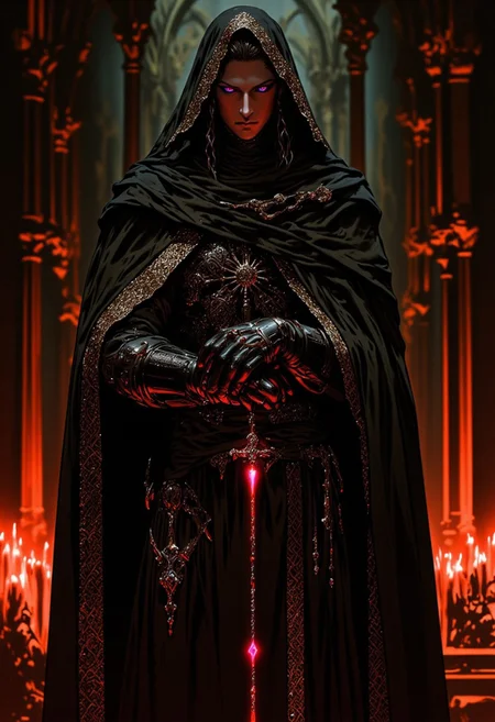 Medium-shot of a handsome young man with braided black hair stands in a candlelit stone cathedral. His has brown-crimson eyes, slightly eye_makeup, glowing faintly in muted neon purples and deep crimson hues. Dressed in a long black coat adorned with swirling Aztec sun motifs and silver embroidery, he exudes an air of dark royalty. A feathered headdress draped in shadow frames his head, while gloved hands grip a rosary made of glowing skull beads. The flickering candlelight and dense shadows create a gothic, otherworldly ambiance.g0th1cpnk, mythp0rt,aman0ayam1
<lora:sdxl_lightning_8step_lora:1> <lora:masky-000009:0.3><lora:glowneon_xl_v1:0.6><lora:CulturePunkAI_1:0.5><lora:Dark_Anime:0.2><lora:CINE:0.3><lora:FluxMythP0rtr4itStyle:0.6> <lora:flux.1_lora_flyway_Epic-Characters_v1:0.6> <lora:Elden_Ring_-_Yoshitaka_Amano:0.33>