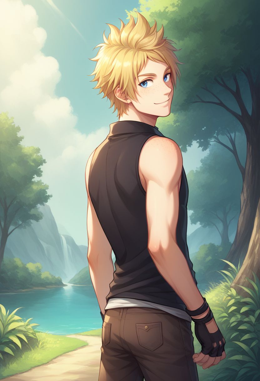 score_9, score_8_up, source_anime, highly detailed, 1boy, solo, male_focus,
prompto, 1boy, male focus, solo, blue eyes, blonde hair, gloves, fingerless glovesboots, freckles, looking back, shirt, sleeveless, smile,
outdoor,