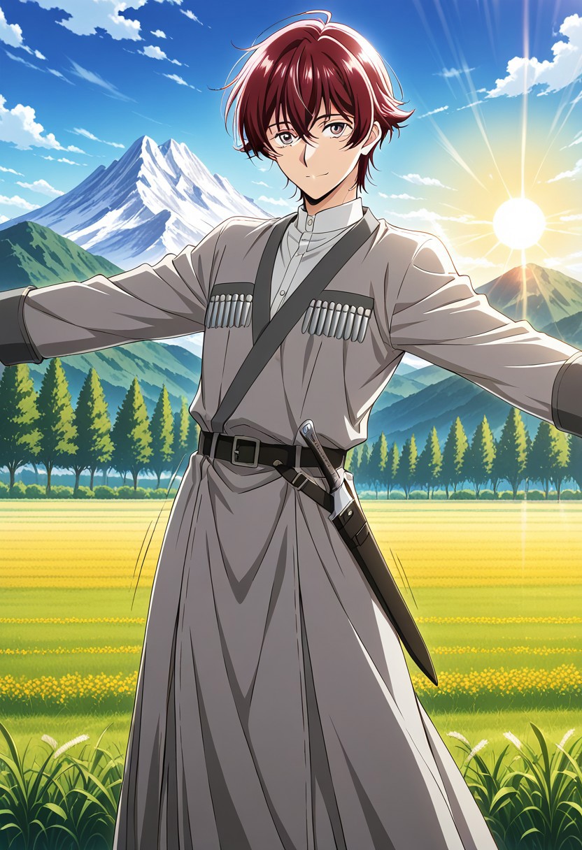 general,highres, ultra-detailed,very aesthetic,best quality ,best hands,masterpiece, best quality, newest, highres, score_9, score_8_up, score_7_up, source_anime, rating_explicit,yokota mamoru style,motion lines,,Very straight nose,slim,slender face,perfect nose
young man,,grey long sleeves,grey chokha,1 boy,
 anime screencap,long sleeves,sleeves past wrists,[[bullet clip-like decorations on both sides of the chest]],long hem,belt,knife,weapon,collared shirt
solo,anime chokha, wearing in chokha outstretched arms, open eyes, belt,dark, looking at viewer,dancing, standing,mountain,tree,sun,meadow,cloudy sky,blue sky