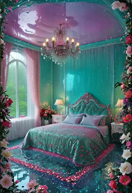Light mood masterpiece photography, realistic, realistic photograph, crystal chandelier, lava lamps, rain inside bedroom, bedroom floor is water, flowers, trees, indoors, pond, swet flowers, glitter flowers, damp, pond inside bedroom, luxurious bedroom, bedroom, lots of jewelry, widescreen TV, gaudy, jewelry, flowers in hair, Lisa Frank inspired, rainy scene indoors, fancy furniture, Lisa Frank colors, green dress, Lisa Frank inspired, vanity, makeup collection, bedazzled platform shoes, large shoe collection, maximalism, green and blue and pink, purple, flowers on bed, maximalist bedroom, soft rug, neon rug, bedroom like bedroom from Howl's Moving Castle, beaded curtains, crystal room decor, lots of clothes, 2000s, fuzzy beanbag