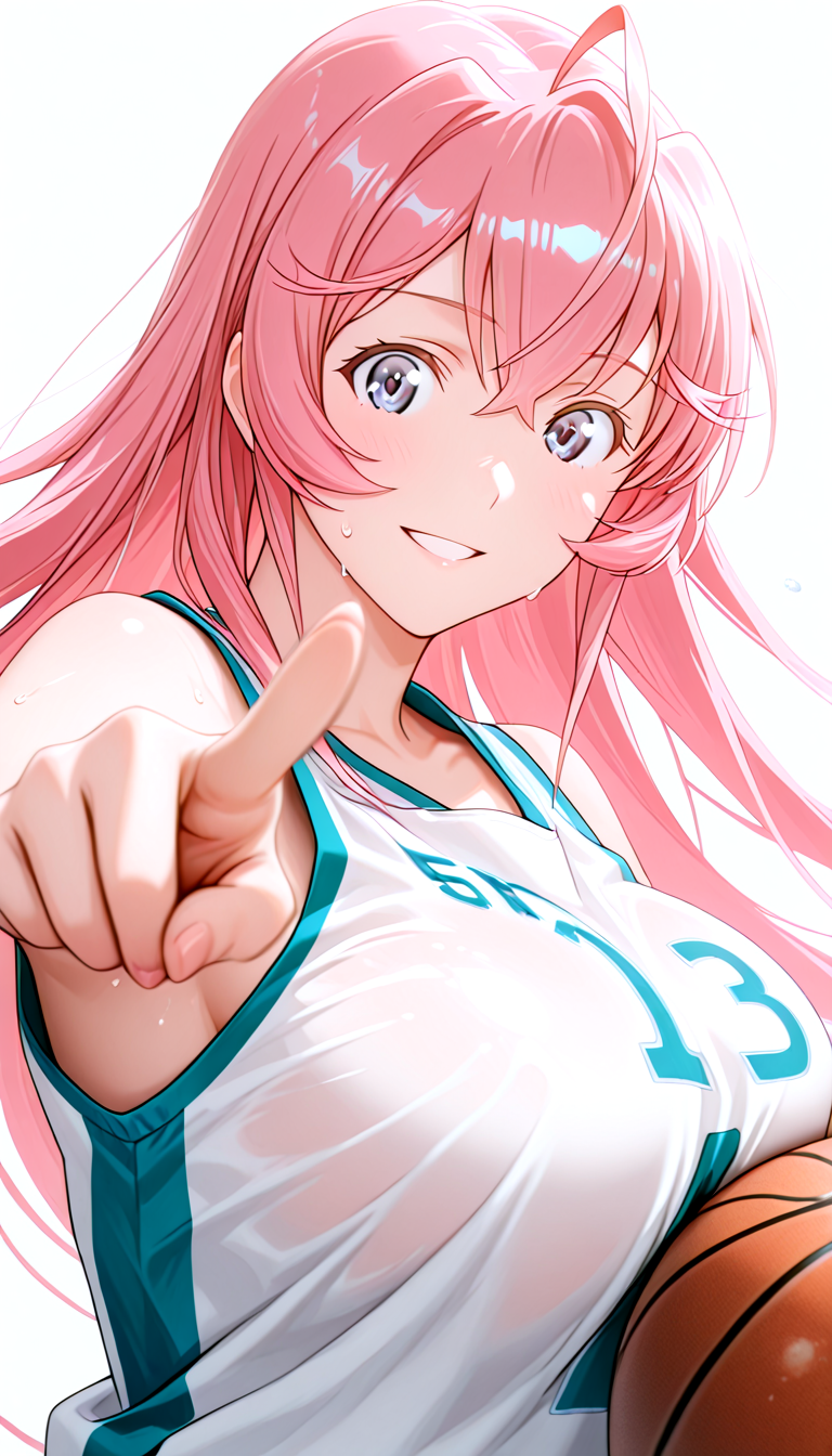 lazypos, masterpiece, best quality, amazing quality, very aesthetic, absurdres, newest,  ((ultra detailed hair:1.4)), ((ultra detailed eyes:1.4)), ((Dynamic Angle:1.49))
BREAK
1girl,solo, 0t0m3, pink hair,  <lora:sakuragi_otome420_epoch_15:1>
Basketball Uniform, Bib number, ((Sweat:1.4)),
BREAK
blank background,
BREAK
Pointing index finger, holding basketball, grinning
(((Motion Blur))), upper body, looking at viewer