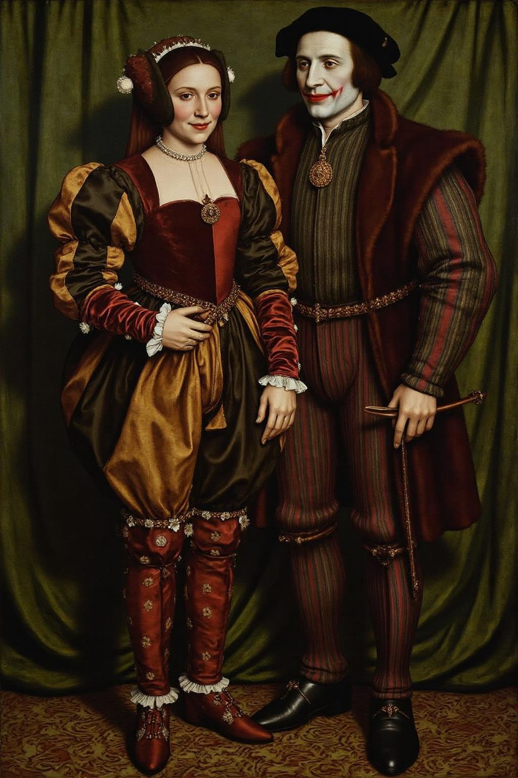 hansho1 painting 
hansho1 painting Harley Quinn & Joker dressed in 16th century Tudor period style. <lora:hansho1_cap_d6a3e12:1.0><lora:816919062203354156:0>