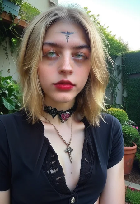 score_9, score_8_up, score_7_up, andrea, solo, 1girl, (tight shirt), braless, breasts apart, small breasts, garden, outdoors, choker 
bela, 1girl,  blonde hair, , jewelry, long hair, necklace, , looking at viewer
egirlthot Goth girl