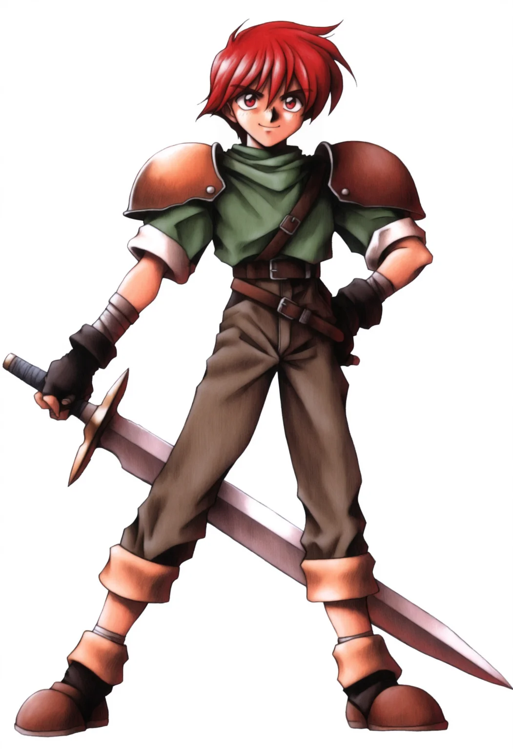 masterpiece, best quality, solo, 1boy, smile, looking at viewer, <lora:FF7-Offical-Art-illus_Fp:1>, 1990s \(style\), simple background, white background, full body, standing, <lora:Radd-illus_Fp:1>, radd, red hair, red eyes, short hair, green shirt, pants, fingerless gloves, shoulder armor, belt, hand on own hip, holding sword,