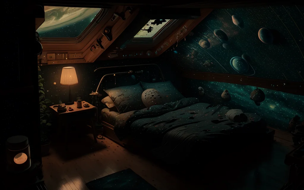 photo of a cozy spacepunk bedroom, low light, after hours