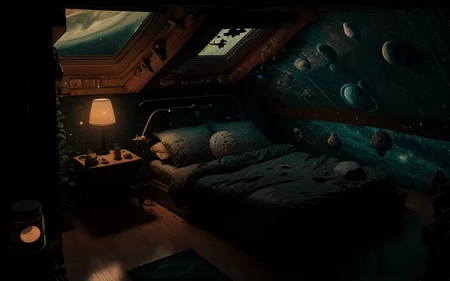 photo of a cozy spacepunk bedroom, low light, after hours