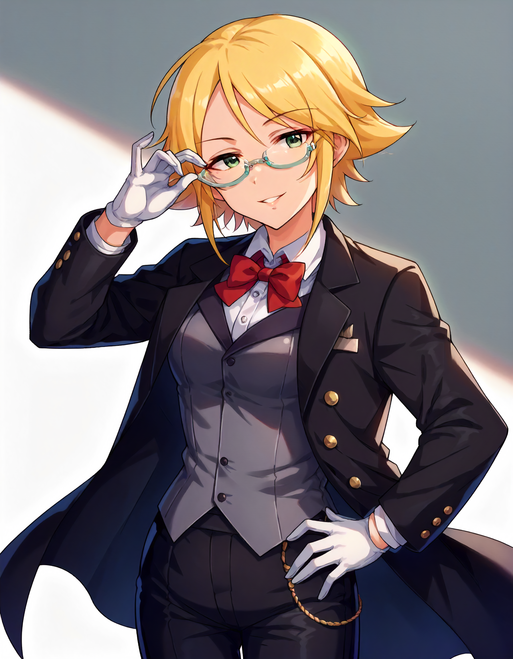 score_9,score_8_up,score_7_up,1girl,solo,cowboy shot,smile,parted lips,adjusting eyewear,hand on hip,
<lora:umekiotoha_ponyXLV6:0.8>,cguo,blonde hair,short hair,green eyes,
white collared shirt,long sleeves,white gloves,black coat,black pants,red bowtie,gray vest