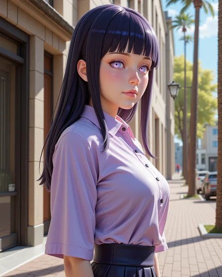 -looking at viewer, outdoors daylight, a 20 year old adult mature woman.
3d CGI Style, side view photo of.
<lora:Naruto_-_Hinata_v2-000030:1> n-hinata, purple eyes, blunt bangs, black hair Cotton midi skirt with an A-line cut, button-down front, and high waist
Upper Body view passport style