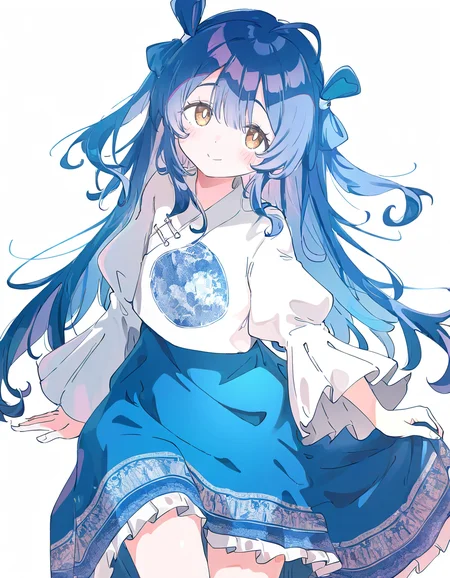 1girl,solo,looking at viewer,simple background,white background,cowboy shot,jiangyalu,blue hair,blue dress,brown eyes,smile,<lora:jiangyalu-000014:1>,sitting,, masterpiece, best quality, very aesthetic, absurdres,newest, incredibly absurdres,, (Ixy:0.6)),(hiten \(hitenkei\):0.7),