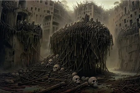 swamp, mangroves, city in the swamps, ghostly horror, tight spiral staircase, misty, voodoo, skulls, rowing boat, bones, human remains, outdoor, cinematic,photorealistic, SLR, death, beauty, peaceful, 8k, extremely high-quality artwork, sharp details, intricate, highly detailed, <lora:sdxl_lora_beksinski-000018:1>,digital artwork by Beksinski,<lora:JuggerCineXL2:1>, <lora:add-detail-xl:1.5>