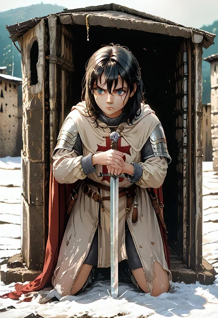 (score_9, score_8_up, score_7_up, score_6_up highest score, best quality:1.2), zPDXL3, good_hands, hi-res. 8k, adult, 1girl, black hair, medium hair, blue eyes, serious, standing BREAK <lora:Knighthood_Templars_PONY_edition:1> templar knight, armor, chainmail, cape, holding sword, full body, BREAK <lora:Both hand planted sword (pony) v1:1> both-hand-hilt, planted sword, hands on hilt, holding sword BREAK column, ancient ruins (outdoors:1.3), front view, (high quality:1.1), (ultra detailed:1.4),
, <lora:pony_good_hands:0.7>, <lora:add-detail-xl:1>, <lora:xl_more_art-full_v1:0.5>