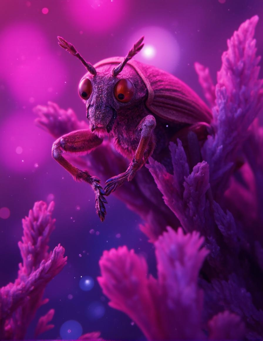 <lora:ck-LttleGhost-000011.safetensors:1> in the style of ck-lttlegh0stMacro photograph of a beetle at dusk, suspended in vivid pink and purple hues. Textured exoskeleton and segmented body detailed, with ethereal background of light flares. Shiny eyes dominate the upper frame, while delicate limbs and tiny feet are visible below, set against an otherworldly, dreamy lighting that amplifies its alien-like appearance.