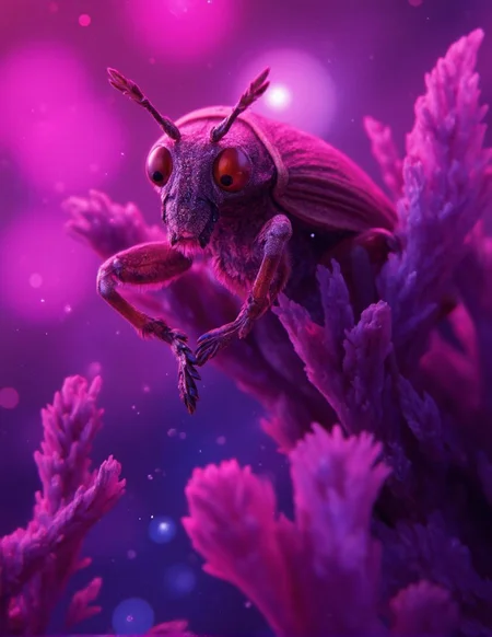 <lora:ck-LttleGhost-000011.safetensors:1> in the style of ck-lttlegh0stMacro photograph of a beetle at dusk, suspended in vivid pink and purple hues. Textured exoskeleton and segmented body detailed, with ethereal background of light flares. Shiny eyes dominate the upper frame, while delicate limbs and tiny feet are visible below, set against an otherworldly, dreamy lighting that amplifies its alien-like appearance.