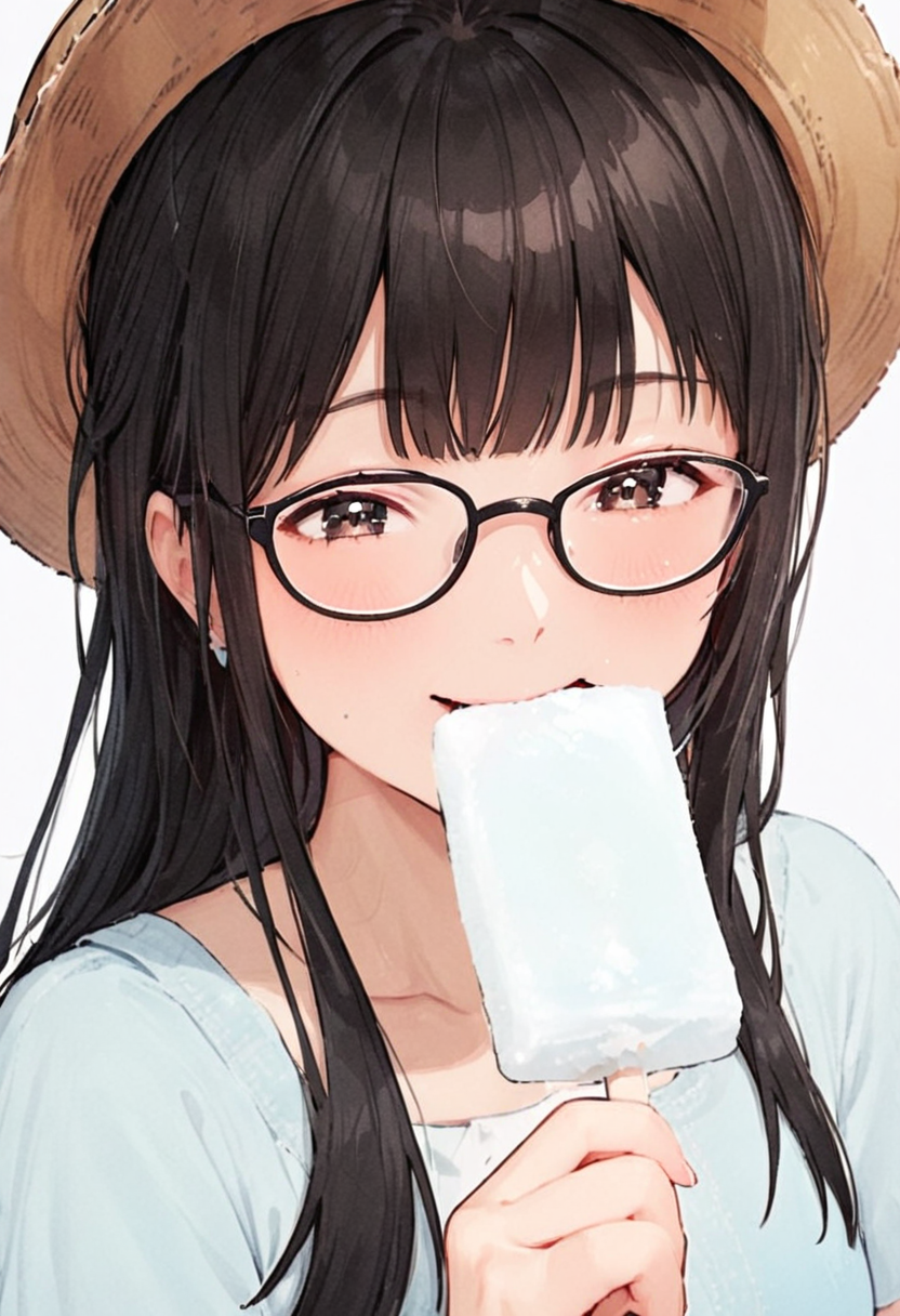 masterpiece, best quality, very aesthetic, absurdres,
garigarikun, 1girl, solo, glasses, straw hat, sundress, black hair, long hair, holding food, holding, happy, smile, food, eating,
 <lora:garigarikun_SDXL_V1:1>