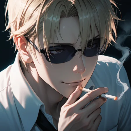 masterpiece, best quality, amazing quality, absurdres, newest, detailed background, definition so sharp, Ultra-HD, 8K cinematic, very awa, impressionate, amazing quality, highres,
solo, male focus, manly,
1boy, short hair, izumo_blonde, izumo_brown eyes, izumokusanagi, sunglasses \(on face\), holding cigarette, smoke, intricate smoke, ethereal, soft light, dark background, slight smirk, alluring, pensive, calm, cool colors, blue light, close up, thoughtful expression,