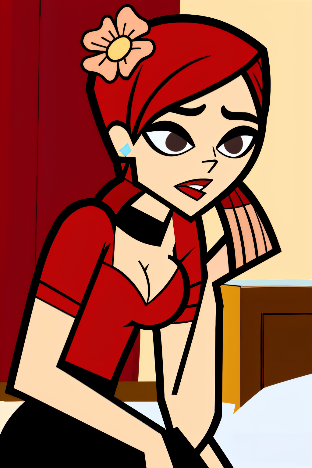 in the Bedroom, (Realistic:1.5) 1girl, solo, open mouth, cleavage, medium breasts, full body, red hair, hair flower, black choker, brown eyes, Silk blouse with dress pants <lora:EdobZoeyTotalDrama_v1.0:0.8>