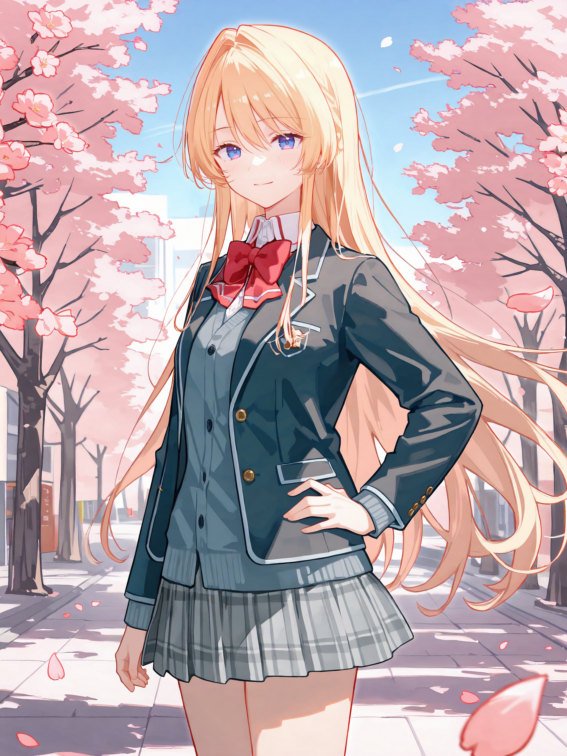 1girl, ouzuka mai, solo, blue eyes, school uniform, pleated skirt, plaid skirt, white collared shirt, blazer, red bowtie, hand on hip, looking at viewer, light smile, standing, cowboy shot, outdoors, street, cherry blossoms, petals, depth of field ,  <lora:Char-Ouzuka-Mai-V1-IL:0.9>
masterpiece, best quality, amazing quality, very aesthetic, absurdres, (ask \(askzy\), hiten \(hitenkei\):0.7), perfect features, intricate details, ray tracing, <lora:XL-aesthetic_anime:1:hr=0.1>, <lora:XL-detailed_notrigger:1:hr=0.5>