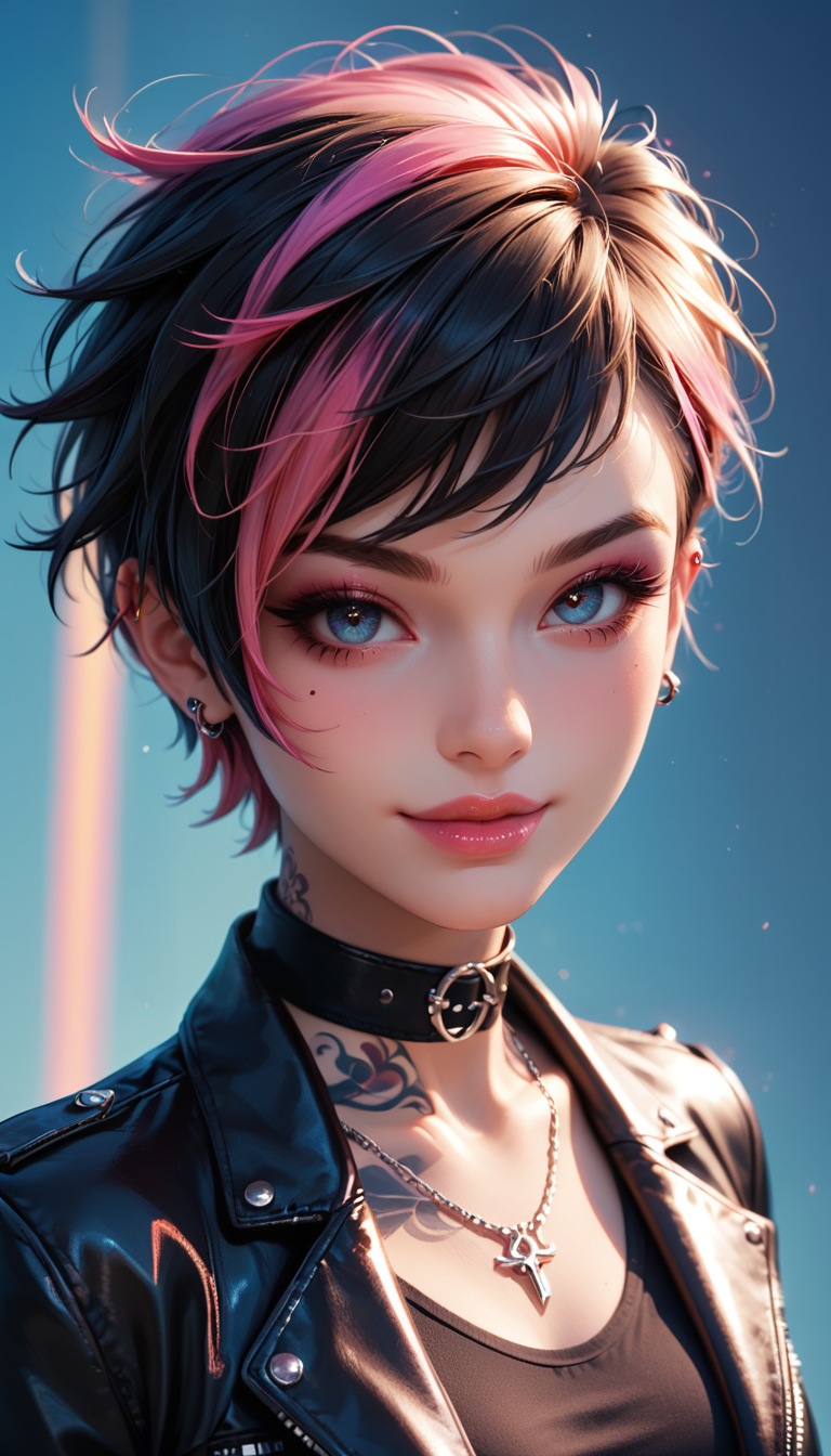 score_9, score_8_up, score_7_up, Portrait, girl, punk, cute, seductive, innocent, light smile:0.3, plump lips, slender body, very short hair, multicolored hair, in high detailed textured black leather jacket, piercing, small tattoo, most iconic photo, London night background, 4n1v3rs3, depth of field, dynamic angle, fashion photography, sharp, hyperdetailed:1.15