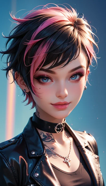 score_9, score_8_up, score_7_up, Portrait, girl, punk, cute, seductive, innocent, light smile:0.3, plump lips, slender body, very short hair, multicolored hair, in high detailed textured black leather jacket, piercing, small tattoo, most iconic photo, London night background, 4n1v3rs3, depth of field, dynamic angle, fashion photography, sharp, hyperdetailed:1.15