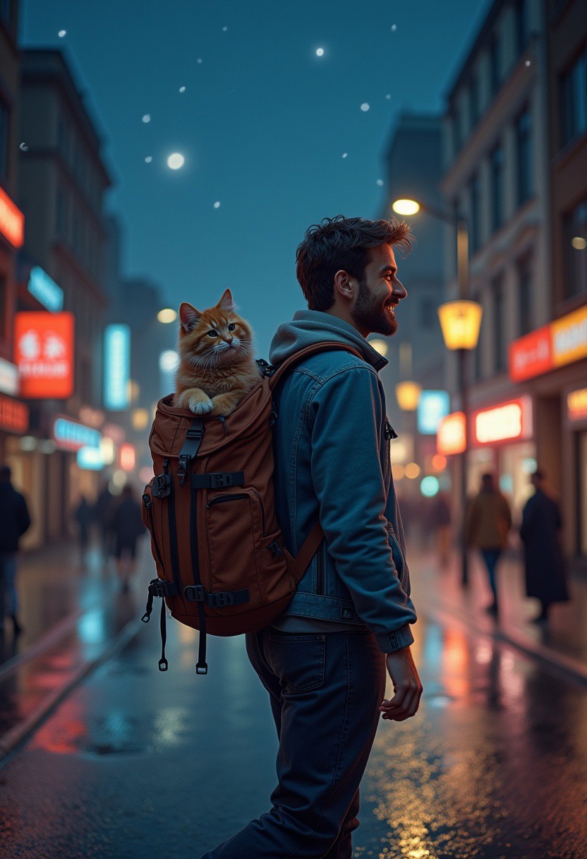 happily man at wet street, he has a backpack with cat inside, happy fluffy cat is poking its head out and is happy, the sky is full of stars, quantum rendering, realism, colorful, natural lighting, close-up, intricate details, hyper-detailed, colorful