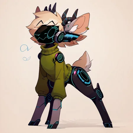zPDXL3, score_9, score_8_up, score_7_up, score_6_up, masterpiece, 4k, high quality, (best quality:1.1), (solo:1.2), (robot joints, mech, mechanical, robot, android, mecha, mechanical parts, gray fur, excessive fluff, feral, quadruped, all fours, deer, ungulate, fur, brown fur, white fur, deer fur, hooves, hoof hands, (snout, big snout:1.2), (protogen, protogen visor, protogen face, furry), digitigrade, flat chested, dainty, petite, female, feminine, slim, thin, curvy, big eyes, vertical eyes, pose, action pose), (short stature, diminutive, smol, short:1.2), (sweater, turtleneck, long sleeves, dark green clothes, oversized baggy clothes, bottomless), (eyes half closed, sleepy, bored, smug), (hair, beige hair, fluffy hair), (cute, adorable), simple background, standing upright, standing