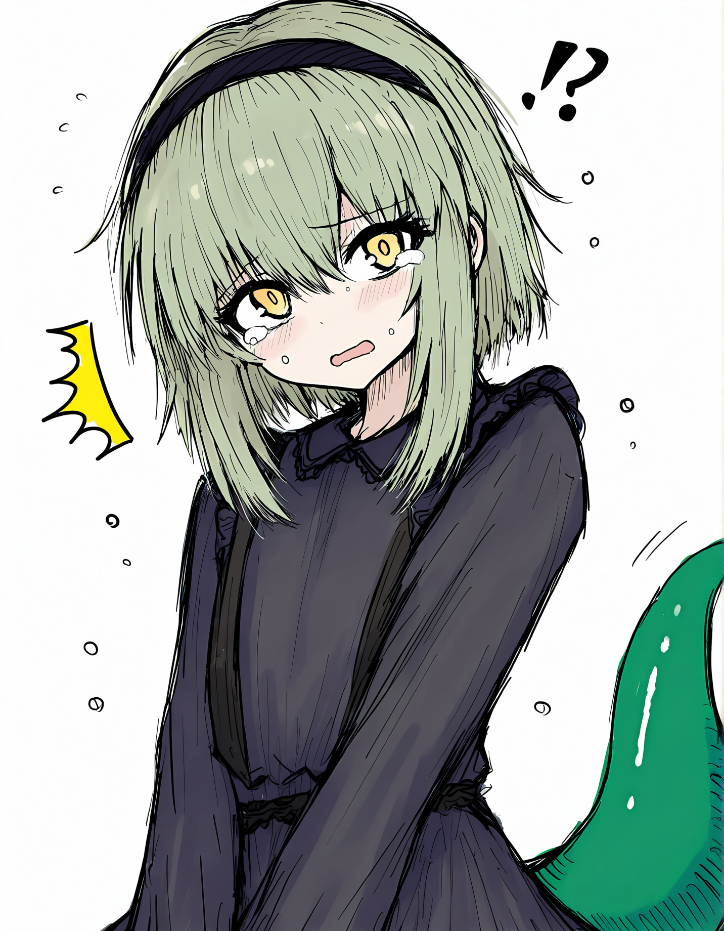 sushi yuusha toro, solo, green hair, hairband, tail, blush, !?, open mouth, sensitive, sketch, tears, long sleeves, dress, short hair, male focus, lizard tail, 1boy, white background, yellow eyes, looking at viewer, ^^^, black dress
very awa, masterpiece, best quality, year 2024, newest, highres, absurdres, <lora:black-souls-style-noobai-vpred10-v4:1>
