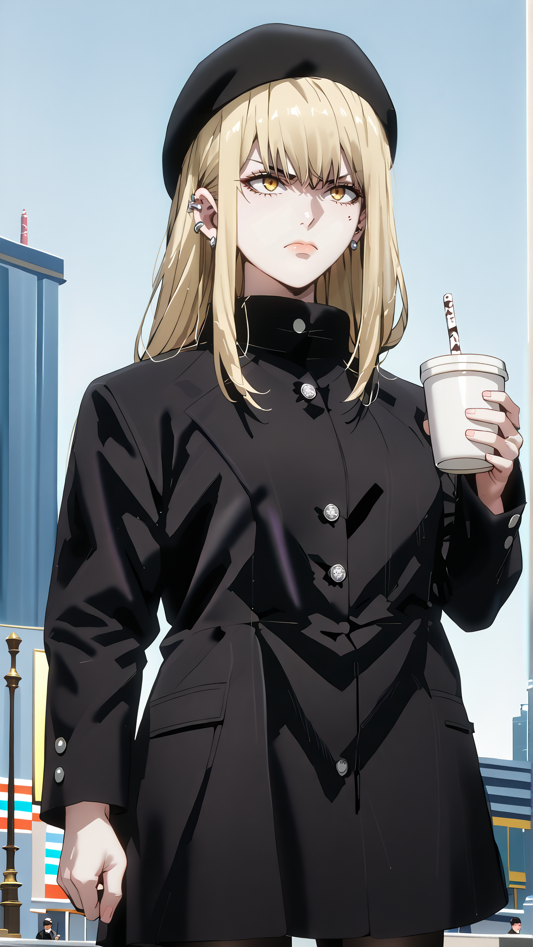 2d, mfant, (zPDXL2), (((cowboy shot))), dynamic pose, dynamic angle, sehele style, webtoon, anime, centered, solo, ((holding cup)), drinking, straw, ((annoyed)), 1girl, 1woman, guideau, blonde hair, yellow eyes, black hat, beret hat, black coat, black pantyhose, earrings, ear piercing, outdoors, modern city background, <lora:sd_xl_dpo_lora_v1:1>, <lora:OMG-Is-DucHaiten_v1.0:0.1>, <lora:Seunghee_Lee_Style_PDXL:0.4>, <lora:Manhwa_Pony:1>, <lora:Guideau_PonyXL:0.8>