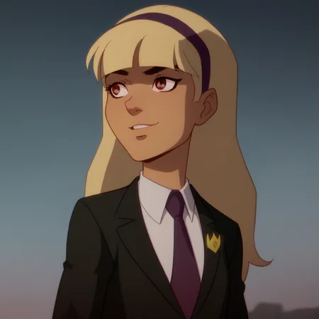 score_9_up, score_8_up, BREAK, YJTheC, 1girl, solo, blonde hair, long hair, red eyes, headband, suit, formal, necktie, upper body, <lora:TheChild_YoungJustice_PXL_Leaf1:1>