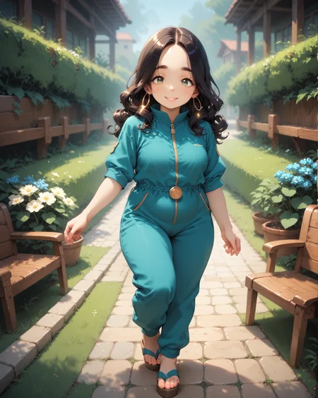 score_9, score_8_up, score_7_up, score_6_up, source_anime, rating_safe, ah1, 1girl, (curly hair), long hair, (black hair), mature female, (parted hair:1.7), (round face), (no_bangs:1.3), (no_fringe:1.6), looking at viewer, (thick eyebrows), (curvy), round-chin, (greenish hazel eyes), caucasian, (downturned eyes), <lora:ETO_OCPonyXL:0.5> eto_oc, skindentation, plump, thick thighs, wide hips, busty, voluptuous, kinky curls, lips, bad-hands-5, (standing on one leg), (Persimmon Jumpsuit, wedge sandals, clutch, hoop earrings, sunglasses), (in Garden, Stone pathway winding through carefully tended plants, decorative bridge over a small stream, stone lanterns, wooden bench, miniature rock garden), (friendly, gentle, smiling), <lora:venus body PonyXL:0.8>, <lora:xl_more_art-full_v1:0.4>, <lora:shinyskin2:0.3> glistening skin, <lora:aesthetic_anime_v1s:0.4>, <lora:Expressive_H:0.4> Expressiveh, <lora:hairdetailpxl:0.4> hairdetailpxl, <lora:EpicF4nta5yXL:0.4>, <lora:detailxl:0.4> detailxl, <lora:Fant5yP0ny:0.4>, best quality, amazing quality, best aesthetic, absurdres, <lora:expressive eyes:0.4> expressive eyes, (Eye-level angle (from behind) view medium Close shot (focus on head)), <lora:eyedetailpxl:0.4> eyedetailpxl,