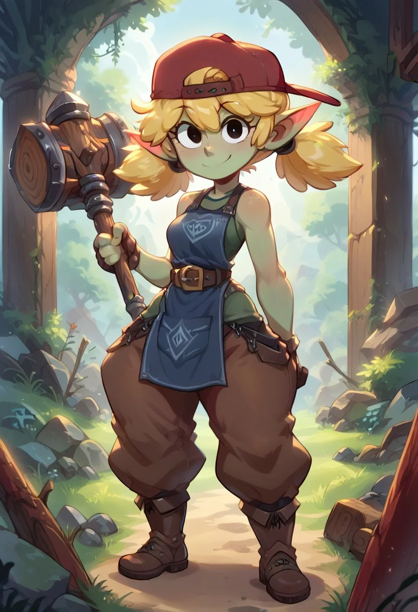 (score_9, score_8_up, score_7_up, score_6_up)
(masterpiece, best quality, very high quality, ultra detailed: 1.2)
(2D,show accurate)(Huffslove_Style:0.7)
(source_anime,not furry,source_furry)
(solo,alone)(25 yo,mature female)
(Perfect Hands,Perfect Eyes:1)
(indoors,cavern,blacksmith's forge,wood stove lit by fire,artifitial light)
(looking at viewer,smile)((holding a war hammer))
(4 fingers,short stack,goblin,green skin,long pointy ears)
(Knight Armor:1)
(fantasy mechanic)
(undershirt,blacksmith apron,bare arms and shoulders,brown gloves,leather belt,baggy pants,worker boots)
(Lana loud:1)(short hair, blonde hair,twintails, bangs, black eyes, cartoon eyes)
(red headwear, backwards hat)
(muscular arms,small breasts,small waist,wide hips,thick thighs,huge butt,thick calves,short legs)