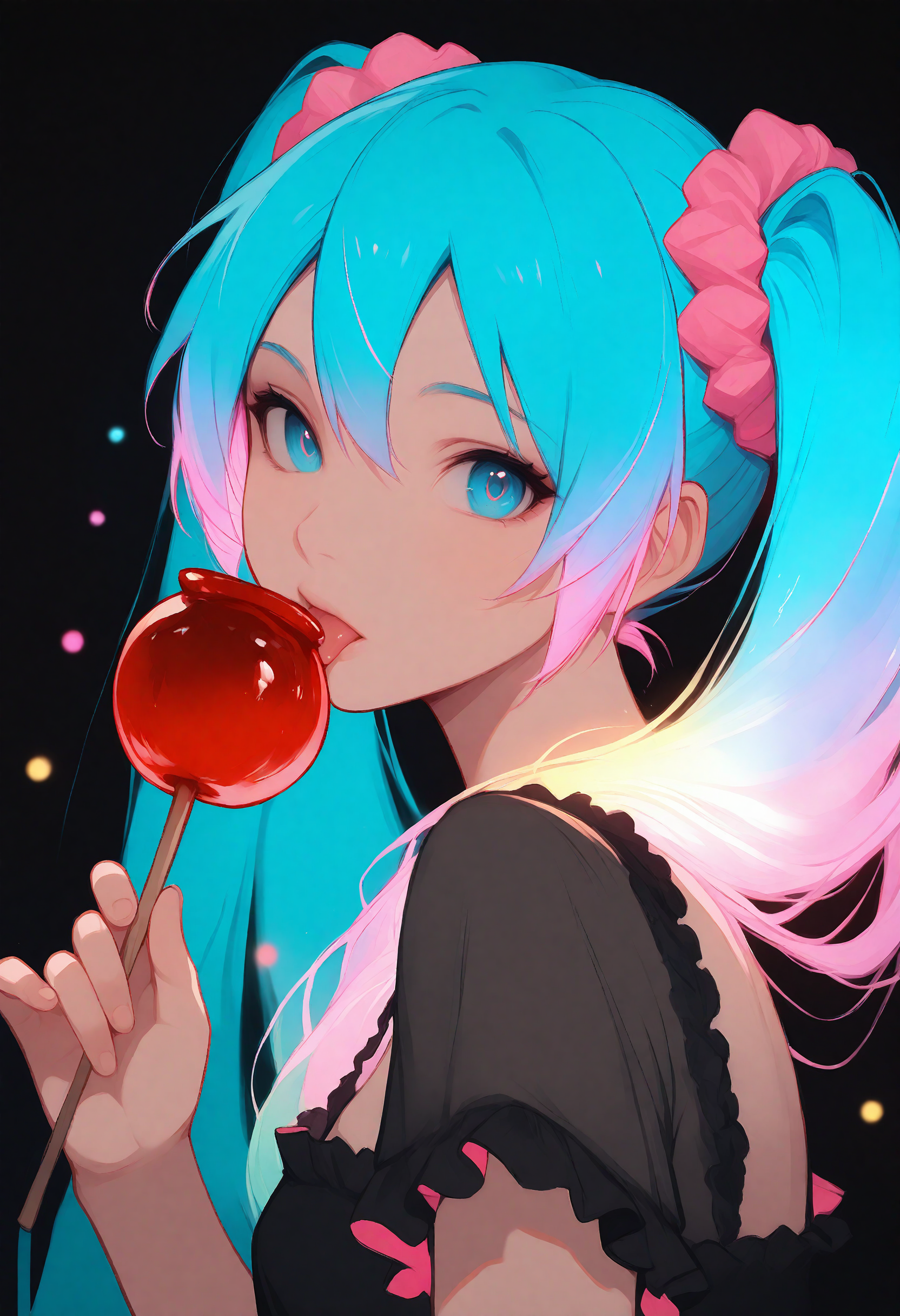 masterpiece, best quality, very aesthetic, hatsune miku, pink hair scrunchie, (licking:0.8), black nightgown, frills, short sleeves, holding candy apple, glowing candy apple, black background, colorful, glowing hair, looking at viewer, portrait, from side