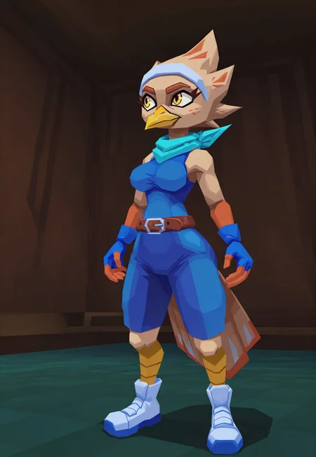 (beautiful, masterpiece, absurd res, detailed, dynamic lighting), artist:atlyss, 3d \(artwork\), low poly, 1girl, solo, k41k0, female furry bird, avian, beige feathers, beige hair, spiky hair, beak, yellow beak, yellow eyes, bird tail, teal scarf, white hairband, blue gloves, fingerless gloves, blue tank top, blue shorts, belt, white footwear