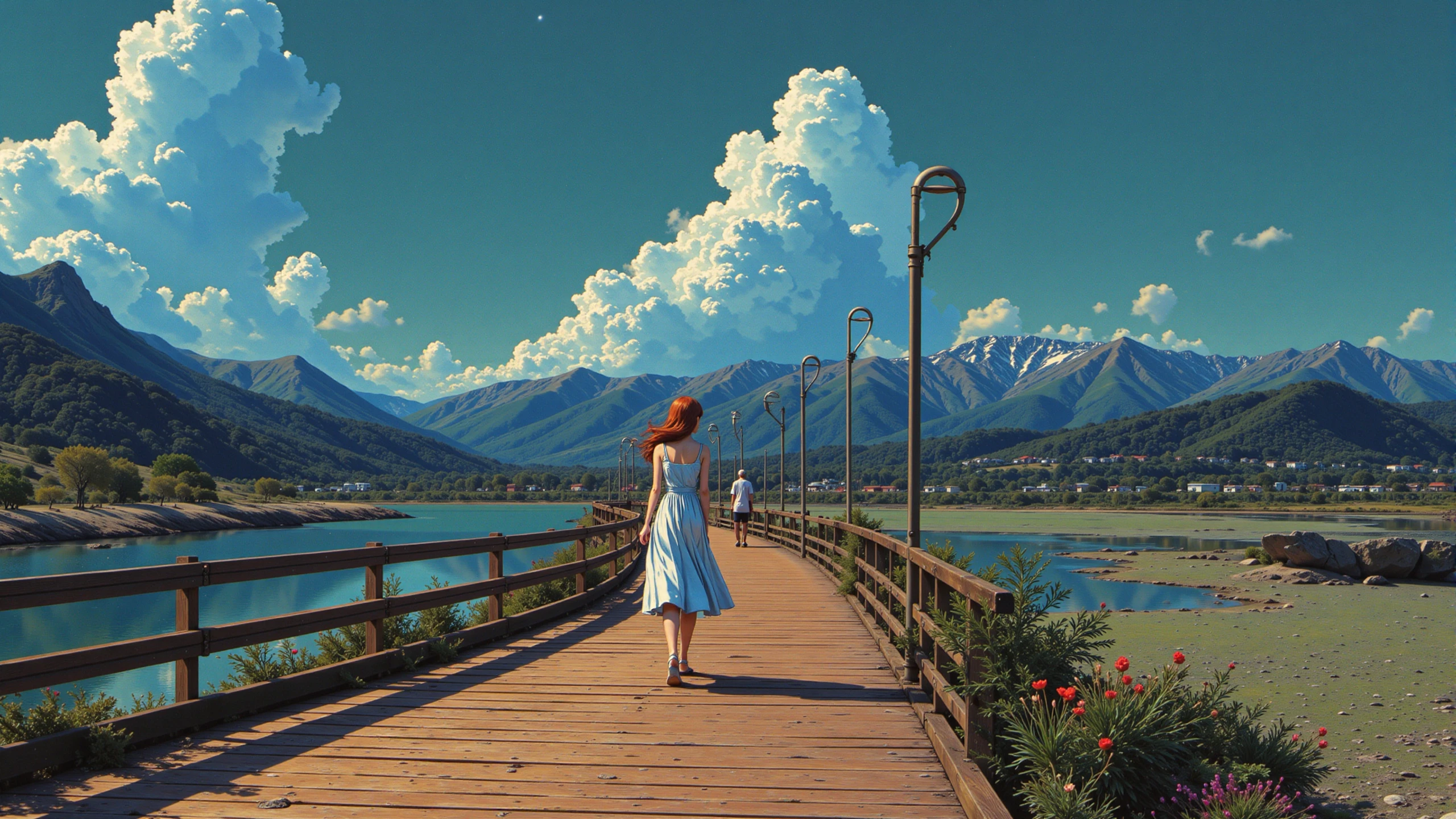 boardwalk beautiful  landscape, evening, woman, very intricate, very detailed, sharp, bright, colorful, <lora:Hand v2:0.5> <lora:Anti-Blur:1><lora:Insane Detail Slider:0.25>  <lora:flux.1_lora_flyway_Epic-detail_v2:0.3> <lora:fluxenhancer:0.25> <lora:90s-anime:1> retro anime, 77oussam 90s,1990s anime