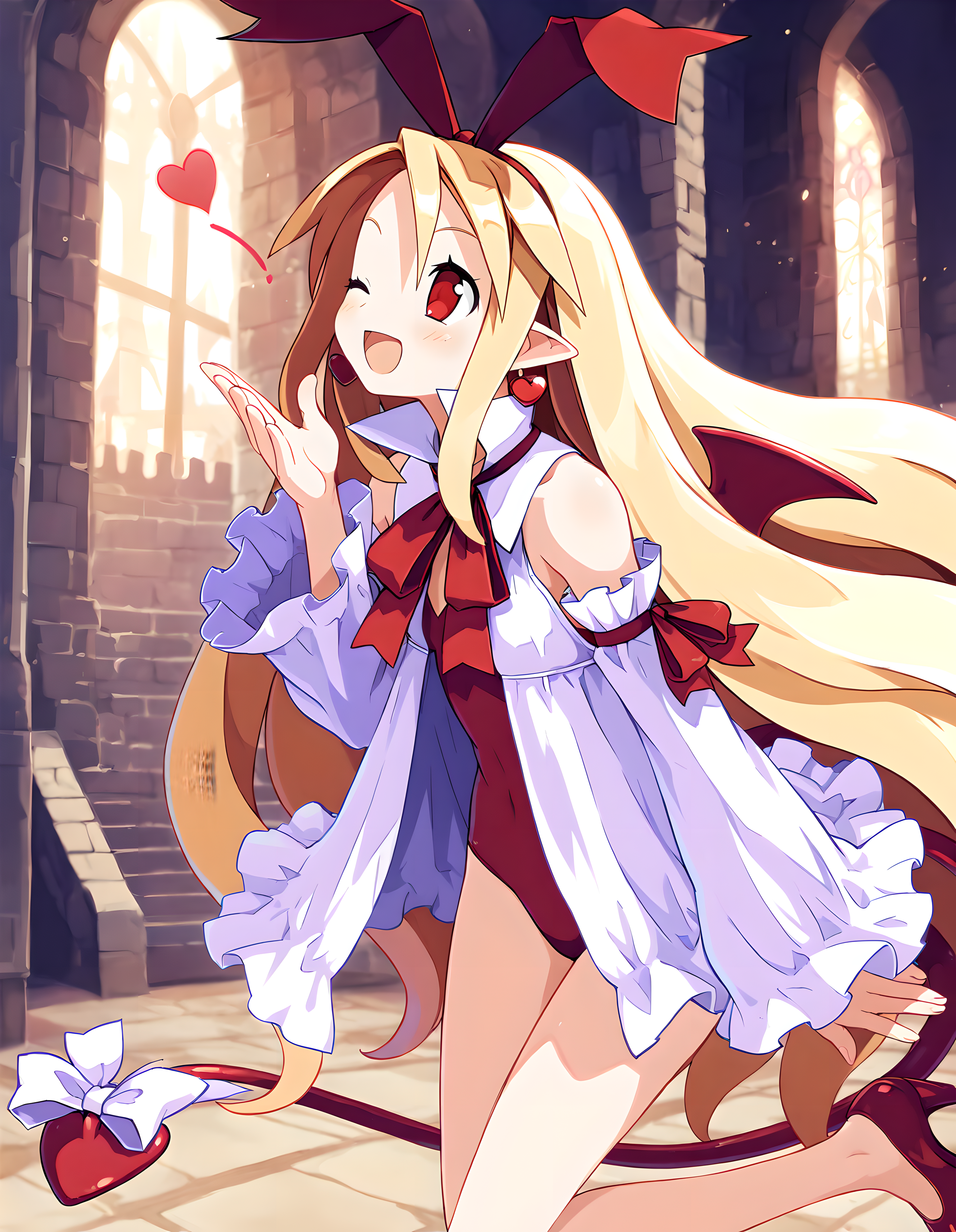 <lora:illustrious_XL_flonne:0.8>,flonne,masterpiece,best quality,good quality,1girl,solo,red eyes,red hairband,wings,demon tail,tail ornament,pointy ears,red leotard,detached sleeves,red high heels,earrings,inside the castle,throwing kiss,;d,