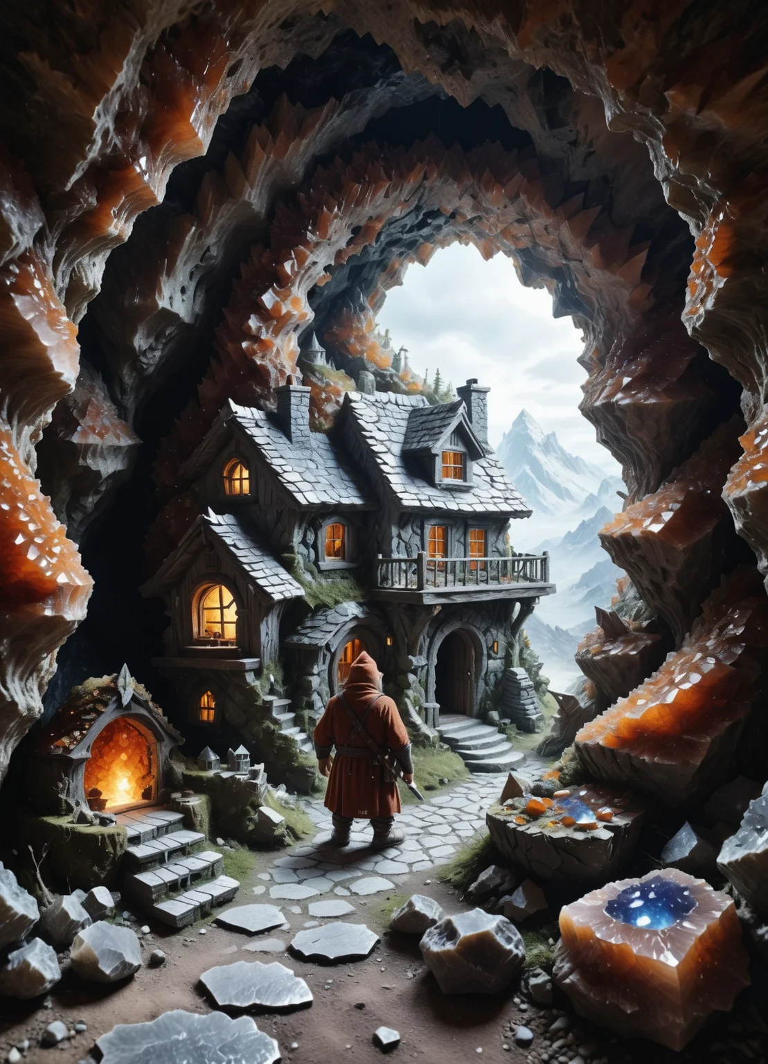 geode dwarf house, dwarf owner looks out the door, mdgd, High detail RAW color Photo, 8k <lora:crystal-geode:1>   <lora:Desolation:0.4>