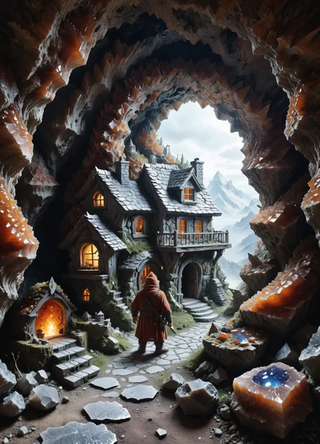 geode dwarf house, dwarf owner looks out the door, mdgd, High detail RAW color Photo, 8k <lora:crystal-geode:1>   <lora:Desolation:0.4>