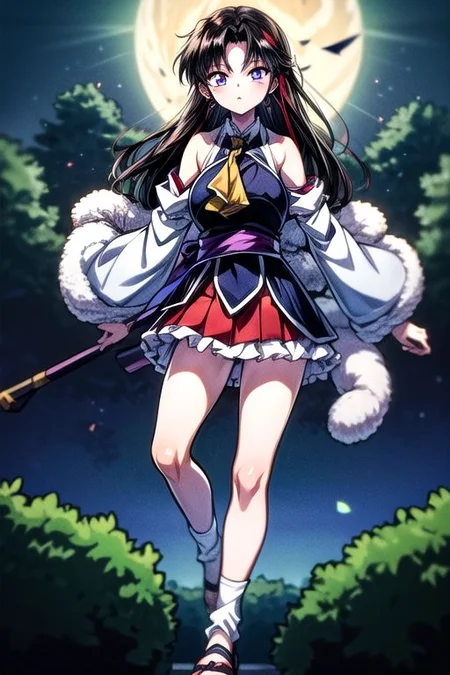 masterpiece, best quality 1girl Setsun4 solo long hair, (night time) forest background black hair very long hair purple eyes multicolored hair armor (fur trim) (medium body),<lora:EMS-179-EMS:0.800000>,<lora:EMS-293862-EMS:0.800000>ascot, bare shoulders, black footwear, detached sleeves, embellished costume, frills, japanese clothes, nontraditional miko, red skirt, sandals, sarashi, skirt, socks, white sleeves, white socks, wide sleeves, yellow ascot, zouri, armor, miko
