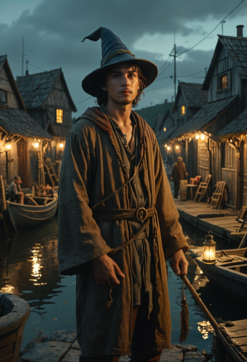 once upon a time in a small fishing village lived a young man who dreamed to become the greatest wizard of all times, hyper realistic, ultra detailed, low light, 8k UHD