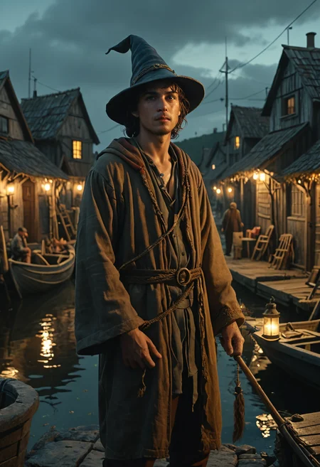 once upon a time in a small fishing village lived a young man who dreamed to become the greatest wizard of all times, hyper realistic, ultra detailed, low light, 8k UHD