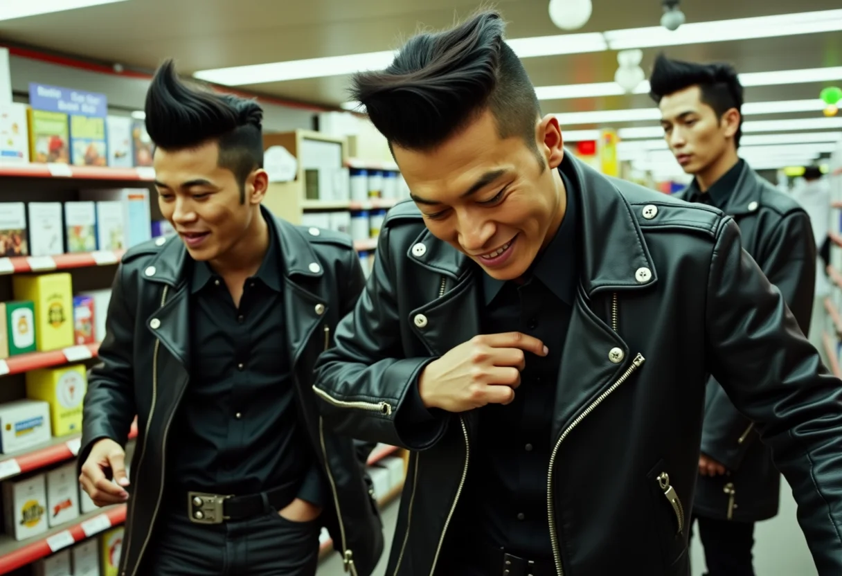 a UHD photo of Japanese rockabilly thieves with awesome slick pompadours wearing leather in a Tokyo shop stealing, 2022.