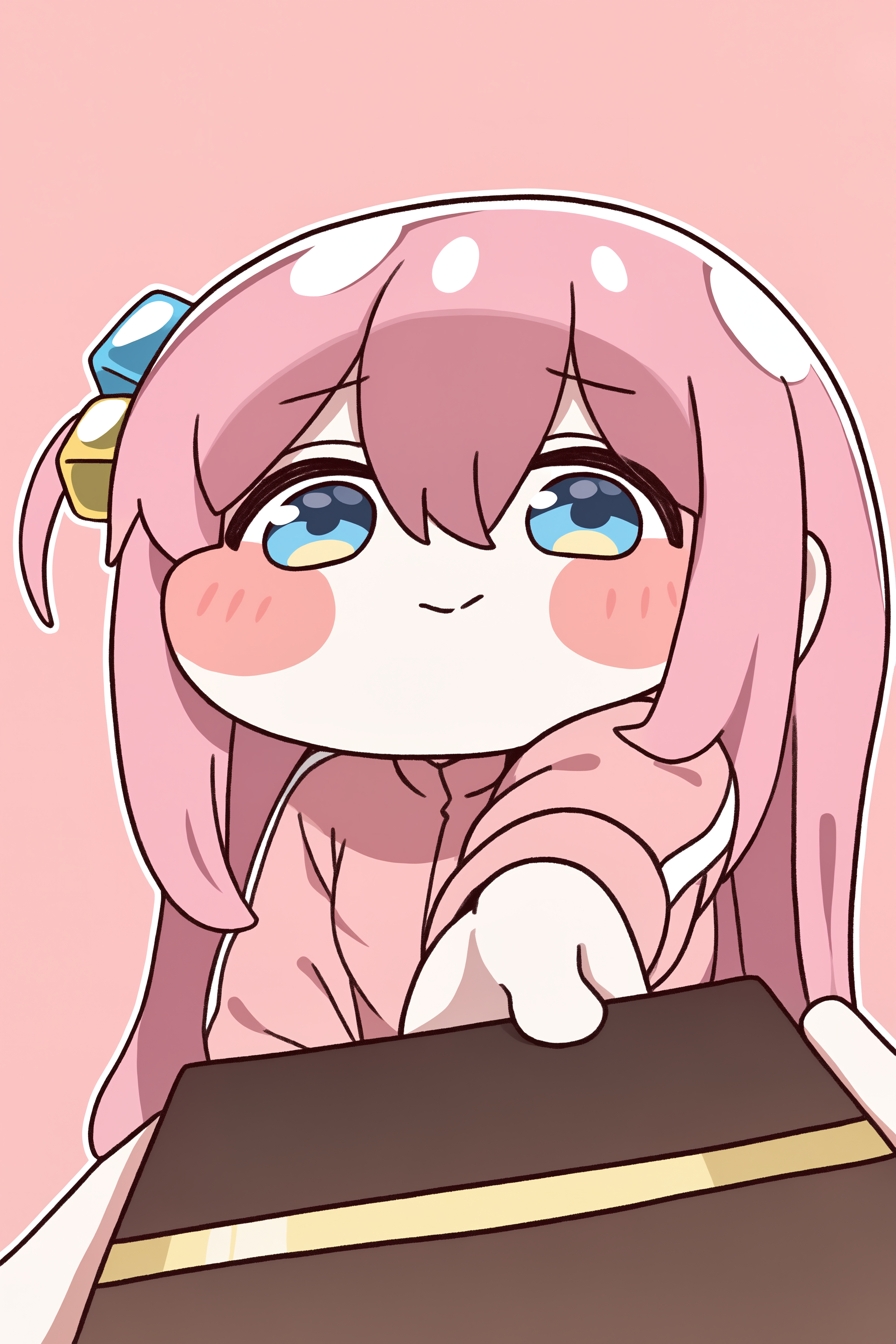 (trickcalcg, trickcal, chibi, chibi only:1.3), blush, blush stickers, 
bocchi the rock!, gotoh hitori, 1girl, cube hair ornament, dot nose, hair between eyes, hair ornament, jacket, long hair, long sleeves, one side up, pink hair, pink jacket, solo, track jacket, simple background, pink background, looking to the side, closed mouth, blush, embarrassed, (upper body), valentine, happy valentine, box of chocolates, incoming gift, from above, close-up, 
(masterpiece, best quality, absurdres, highres, newest, very awa:1.2), 