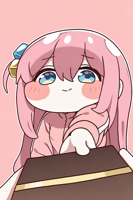 (trickcalcg, trickcal, chibi, chibi only:1.3), blush, blush stickers, 
bocchi the rock!, gotoh hitori, 1girl, cube hair ornament, dot nose, hair between eyes, hair ornament, jacket, long hair, long sleeves, one side up, pink hair, pink jacket, solo, track jacket, simple background, pink background, looking to the side, closed mouth, blush, embarrassed, (upper body), valentine, happy valentine, box of chocolates, incoming gift, from above, close-up, 
(masterpiece, best quality, absurdres, highres, newest, very awa:1.2), 