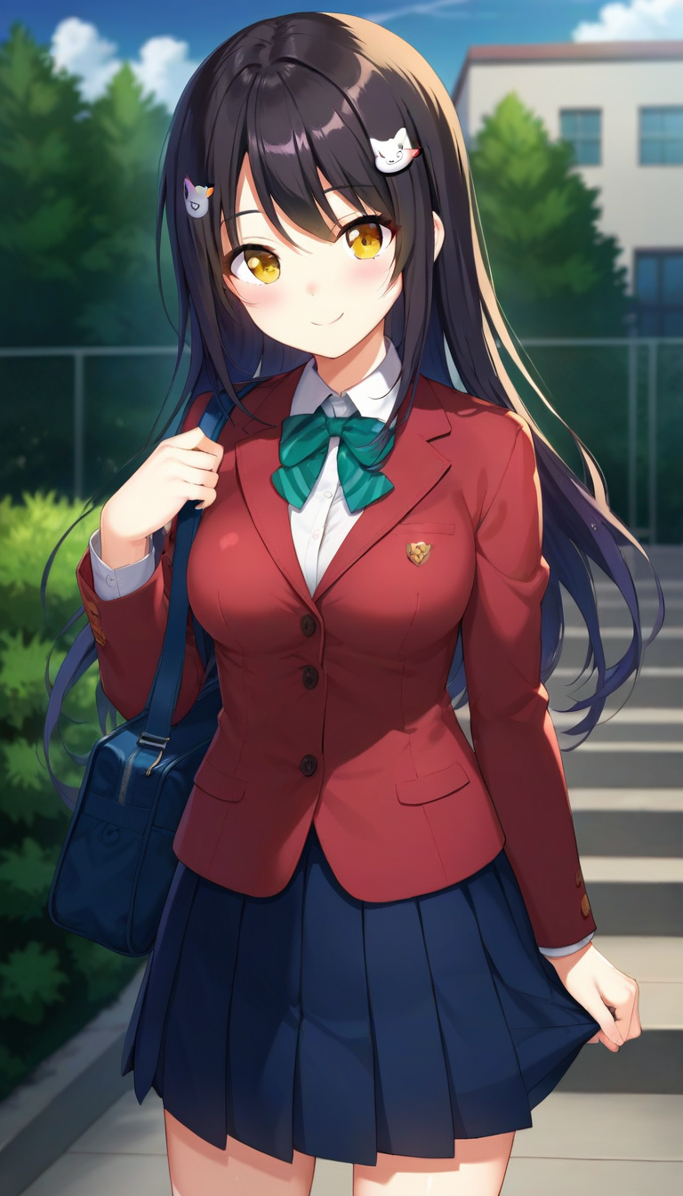 score_9,score_8_up,score_7_up,score_6_up BREAK official art,solo,outdoors,cowboy shot,looking at viewer,facing viewer,smile,blush,Wataya Mio,long hair,black hair,cat hair ornament,hairclip,bangs,yellow eyes,school uniform,red jacket,Blazer,white shirt,collared shirt,long sleeves,sleeves past wrists,medium breasts,blue skirt,pleated skirt,white socks,loafers,<lora:Wataya Mio(od)-Pony:1.2>,
