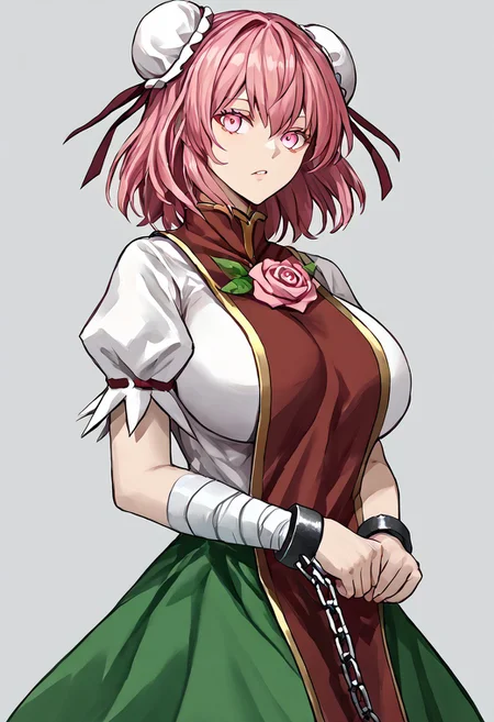 score_9, score_8_up, score_7_up, score_6_up, score_5_up, score_4_up, source_anime, solo, 1girl,
thkasen, jewelry_pink_eyes, glossy_eyes, pink_short_hair, two_white_chignons_on_the_head, red_tabard, pink_rose, green_skirt, short_hair, huge_breasts, pink_eyes, pink_hair, cuffs, tabard, shackles, double_bun, hair_bun, flower_tabard, bandages_arm, ribbon, short_sleeves, puffy_sleeves, chinese_clothes, chain, shirt,
masterpiece, best quality, very aesthetic, absurdres,