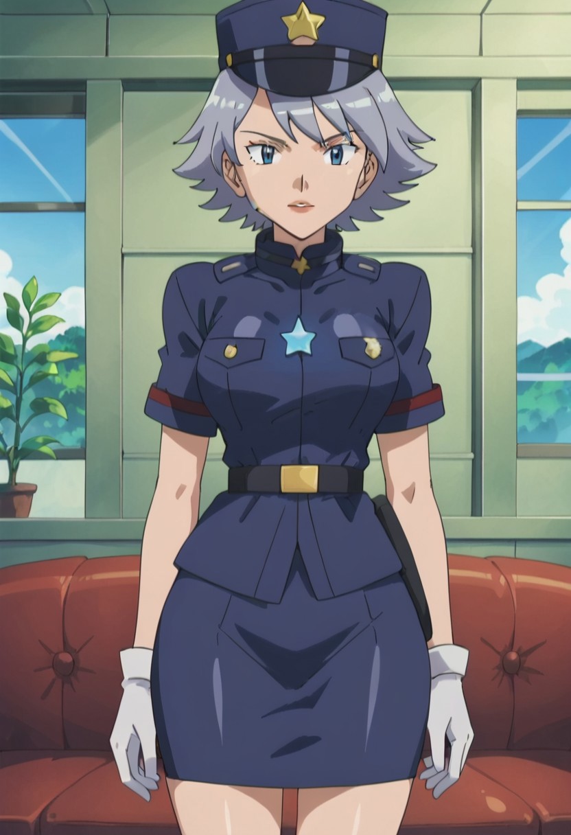 pkmnhunterj, 1girl, short hair, grey hair, bangs, blue eyes, lipstick
Jennyclothes, policewoman, police uniform, hat, blue headwear, star (symbol), blue jacket, blue shirt, white gloves, short sleeves, black belt, belt, blue skirt, pencil skirt
Standing, looking at viewer, indoors, pillars, living room, couch, windows, detailed background, solo, face focus