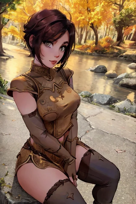 <lora:4mal3a:1> woman with the same face as 4mal3a, <lora:skyrim-light-elven-unp:0.8> skyrim-light-elven-unp, arm wraps, fingerless gloves, thighhighs, scenery, <lora:HAIRSTYLE pixie_hairstyle-05:0.8> pixie_hairstyle